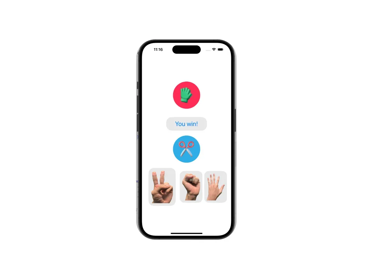 An iPhone showing the rock-paper-scissors app