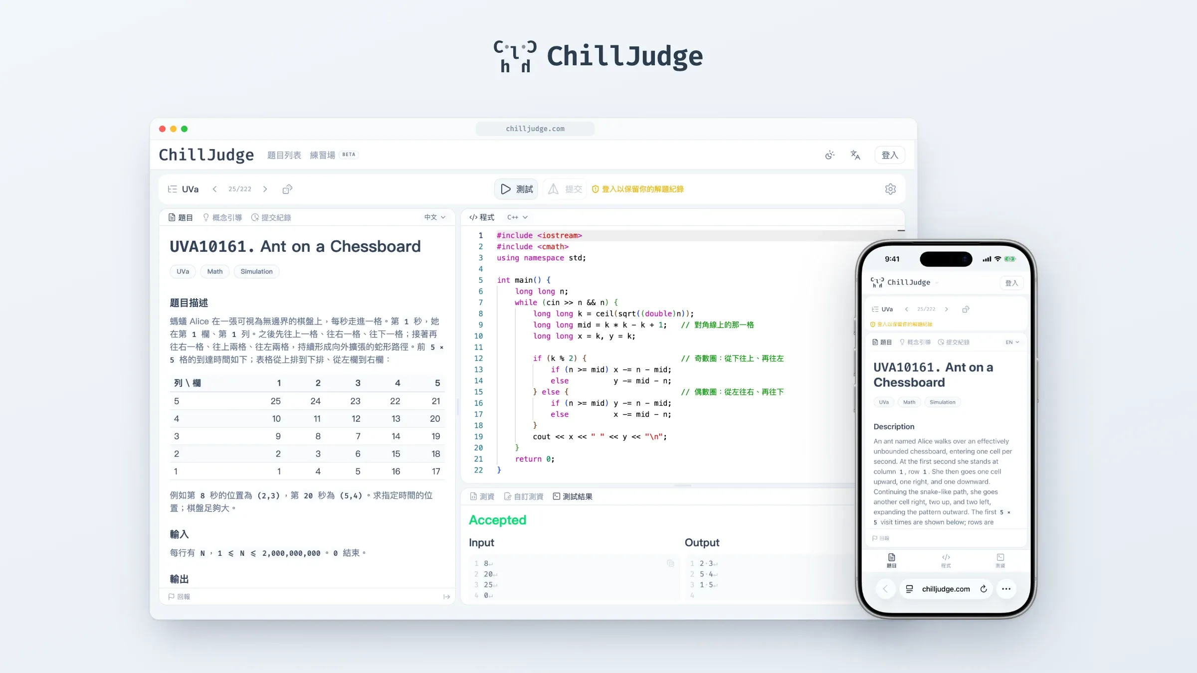 A browser window showing the ChillJudge workspace, with the problem on the left, code on the right and a green "Accepted" verdict below. A phone showing the same problem sits next to it.